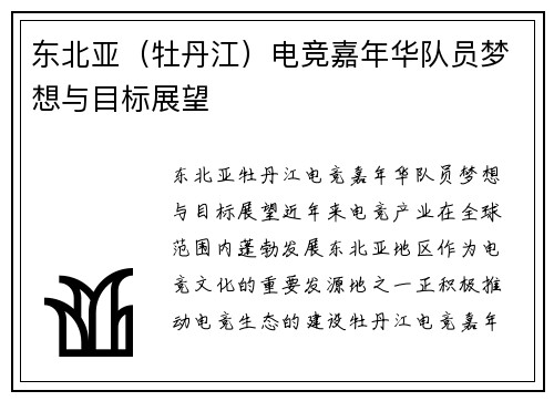 东北亚（牡丹江）电竞嘉年华队员梦想与目标展望
