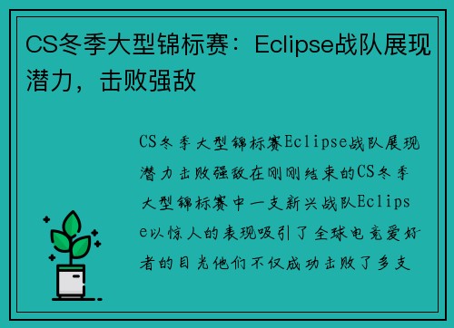 CS冬季大型锦标赛：Eclipse战队展现潜力，击败强敌