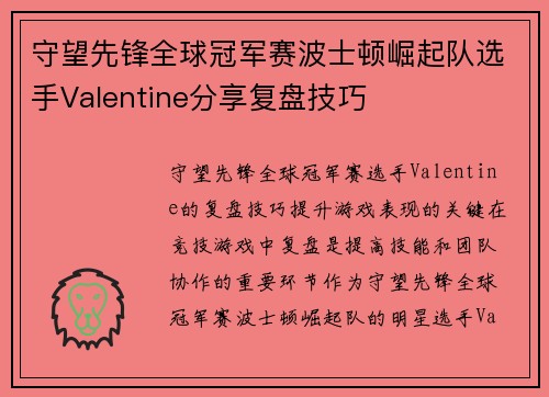 守望先锋全球冠军赛波士顿崛起队选手Valentine分享复盘技巧